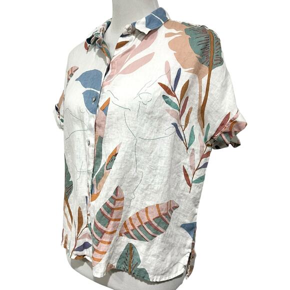 Cynthia Rowley Tropical Print 100% Linen Button Up Top Women’s Sz L - Picture 3 of 6